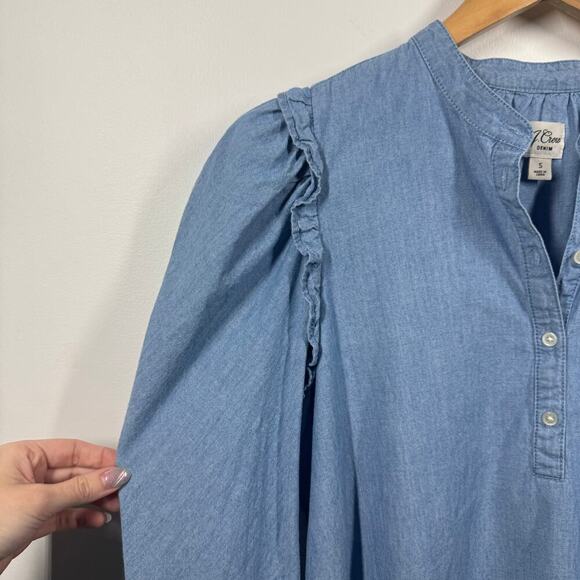 J. Crew Chambray Top Women S Blue Puff Sleeve Denim Blouse Prairie Cottage Core - Picture 3 of 9